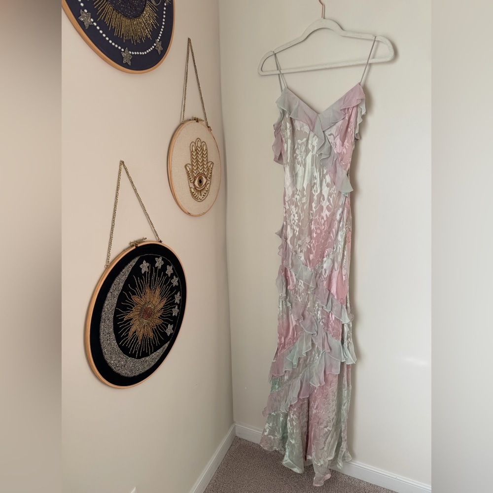 Loveshackfancy Rialto Pink and Silver floral Ruffle maxi Dress